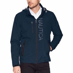 Nautica Men's Navy Stretch Midweight Hooded Windbreaker Jacket with Logo Front